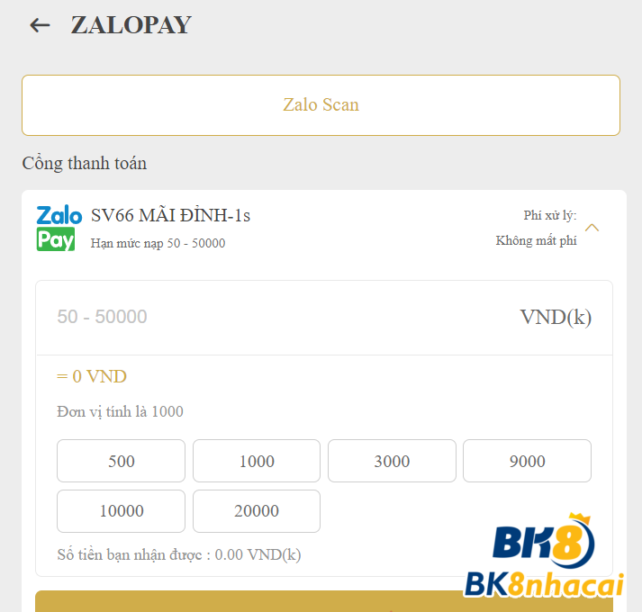 Hướng dẫn cách nạp tiền thông qua ví ZaloPay vào tài khoản SV66