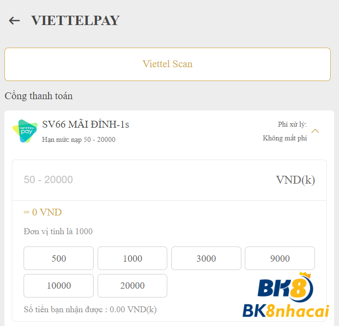 Nạp tiền vào tài khoản SV66 thông qua ví Viettel Pay